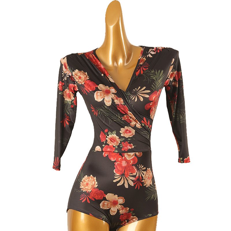 Latin Dance Leotard Floral Wrap V-Neck Dance Bodysuit in Red Floral, front view