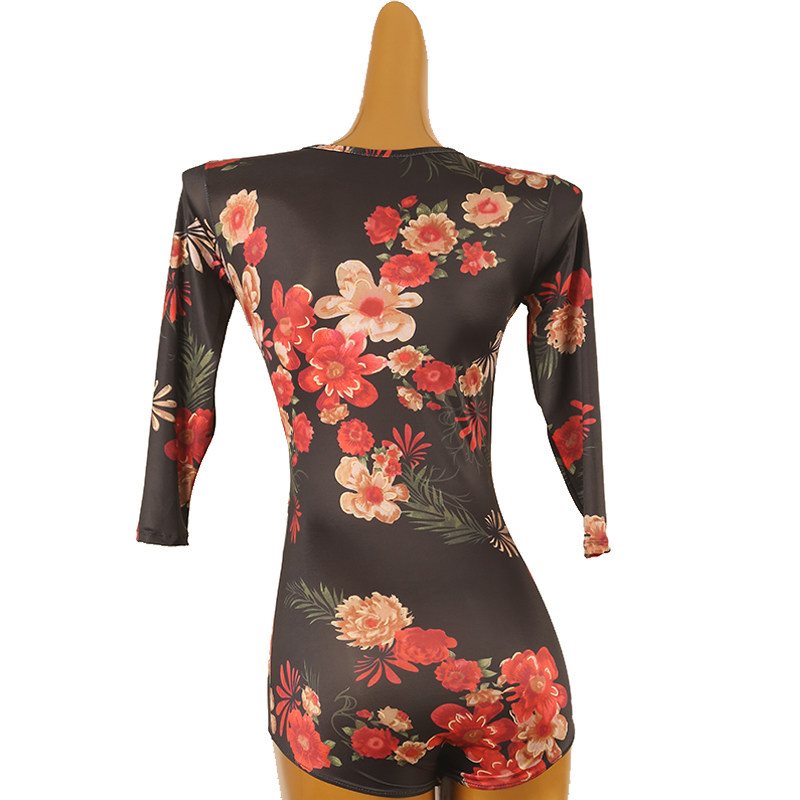 Latin Dance Leotard Floral Wrap V-Neck Dance Bodysuit in Red Floral, back view