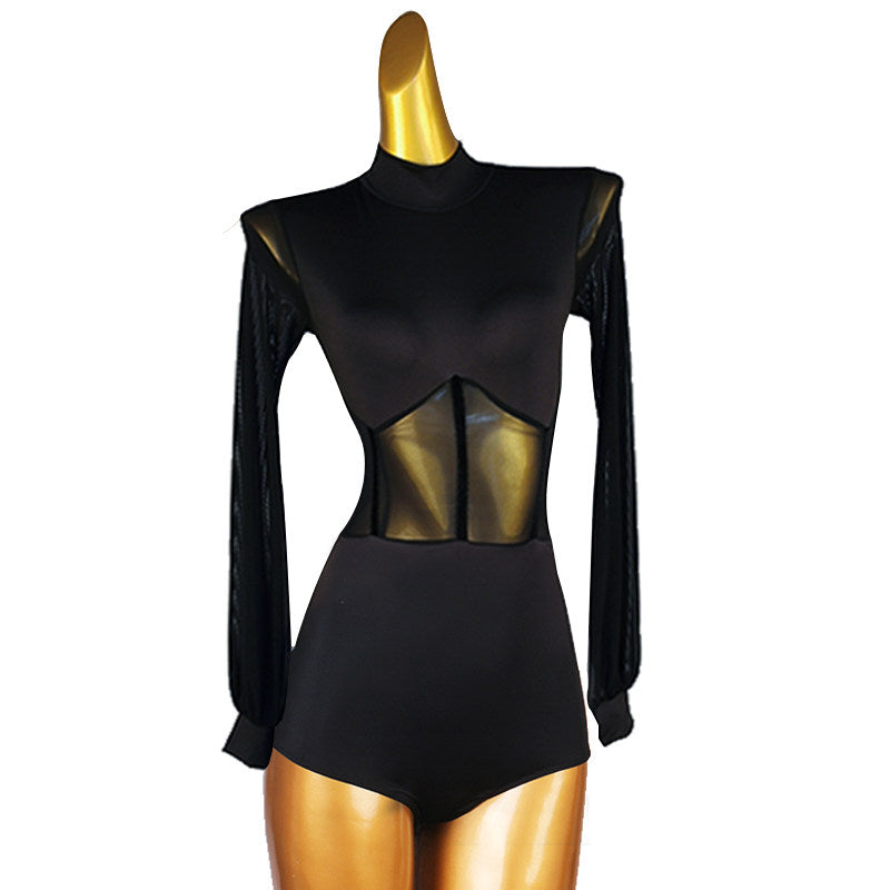 Latin Dance Leotard Mock Neck Sheer Waist Puff Sleeve Bodysuit in Black, front view