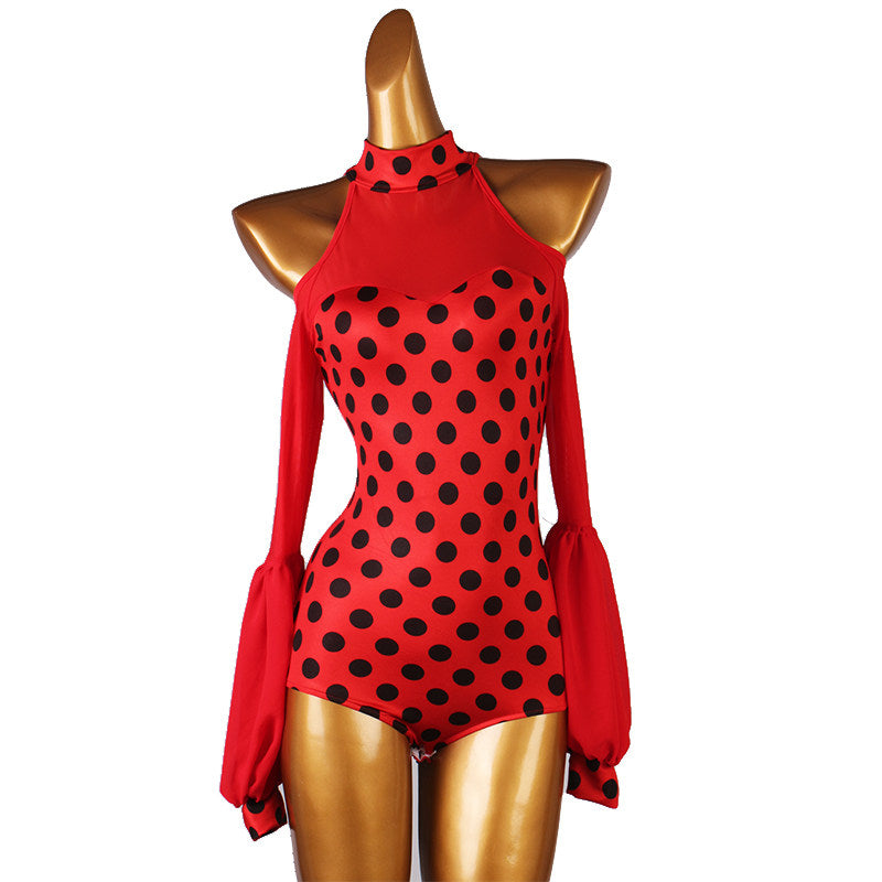 Latin Dance Leotard Polka Dot Halter Cold Shoulder Bodysuit in Red, front view
