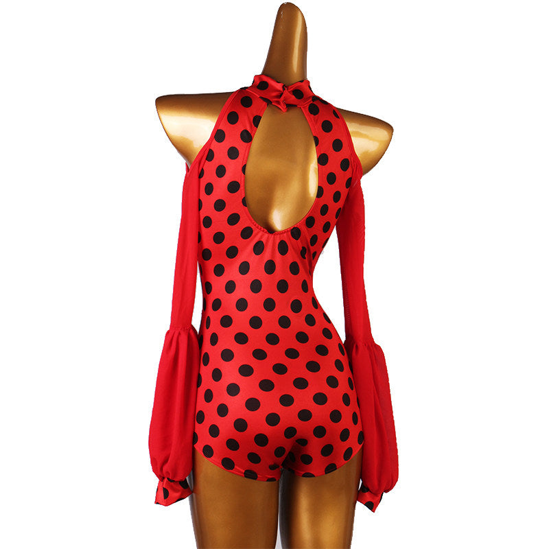 Latin Dance Leotard Polka Dot Halter Cold Shoulder Bodysuit in Red, back view