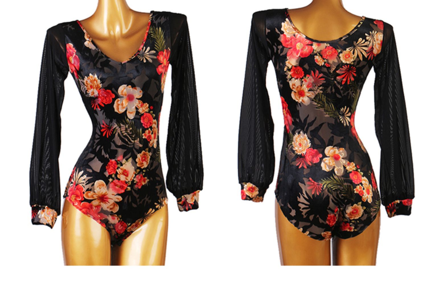 Latin Dance Leotard Sheer Floral Velvet Bishop Sleeve Bodysuit in Black Floral, front and back view