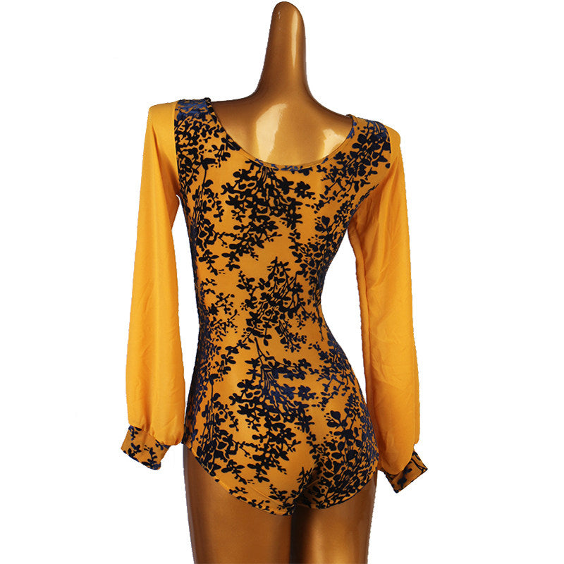 Latin Dance Leotard Sheer Floral Velvet Bishop Sleeve Bodysuit in Mustard Floral, back view