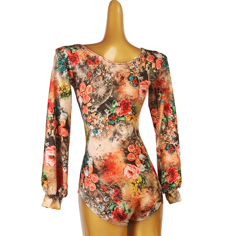 Latin Dance Leotard Sheer Floral Print V Neck Long Sleeve Bodysuit in Rose Floral, back view
