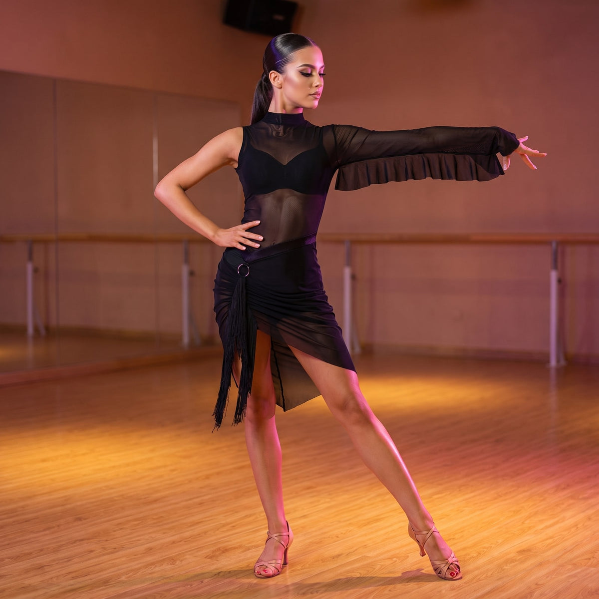 Black Latin Dance Dress Sheer Mesh One Sleeve Ring Fringe
