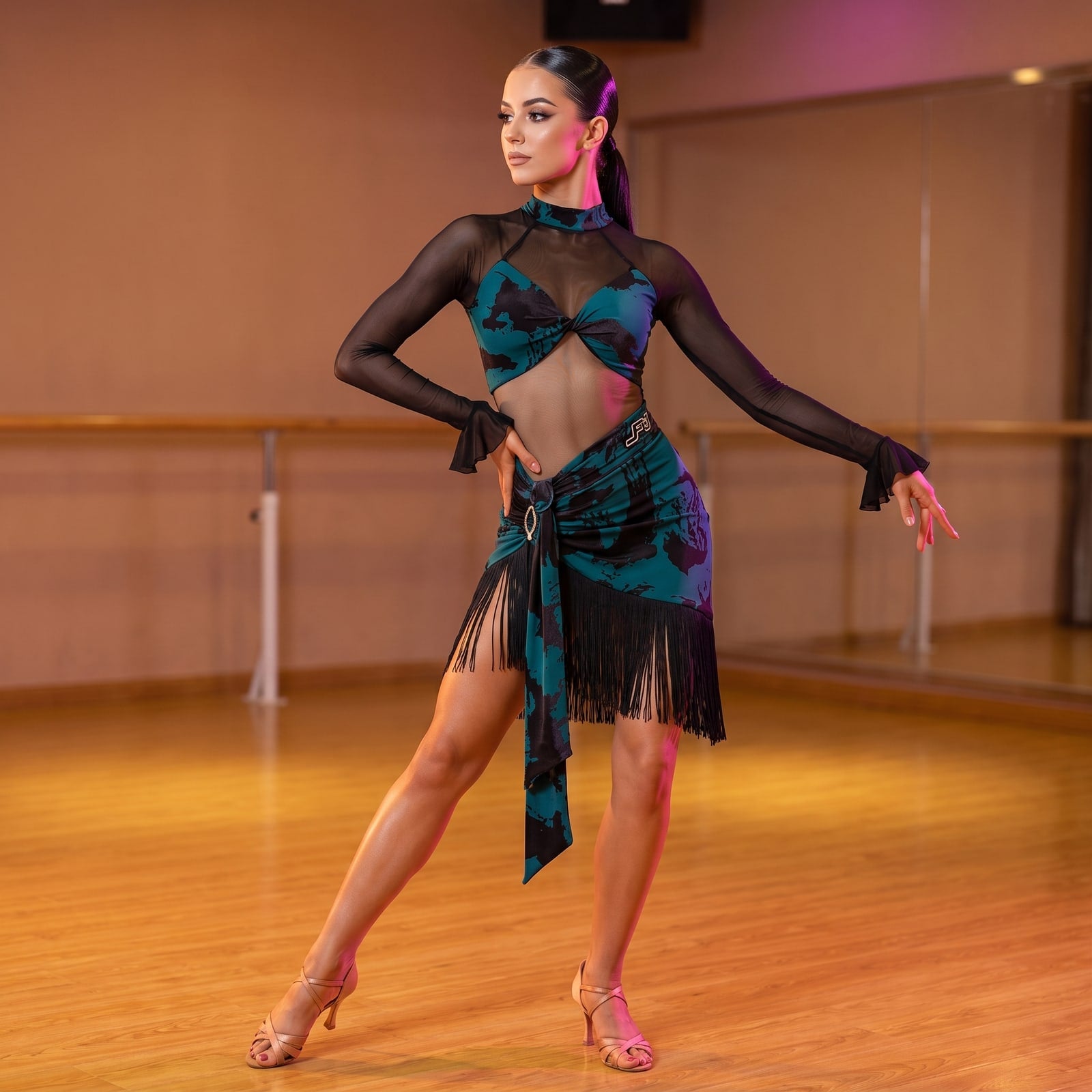Teal Print Latin Dance Dress Mesh Sleeve Fringe Wrap Skirt