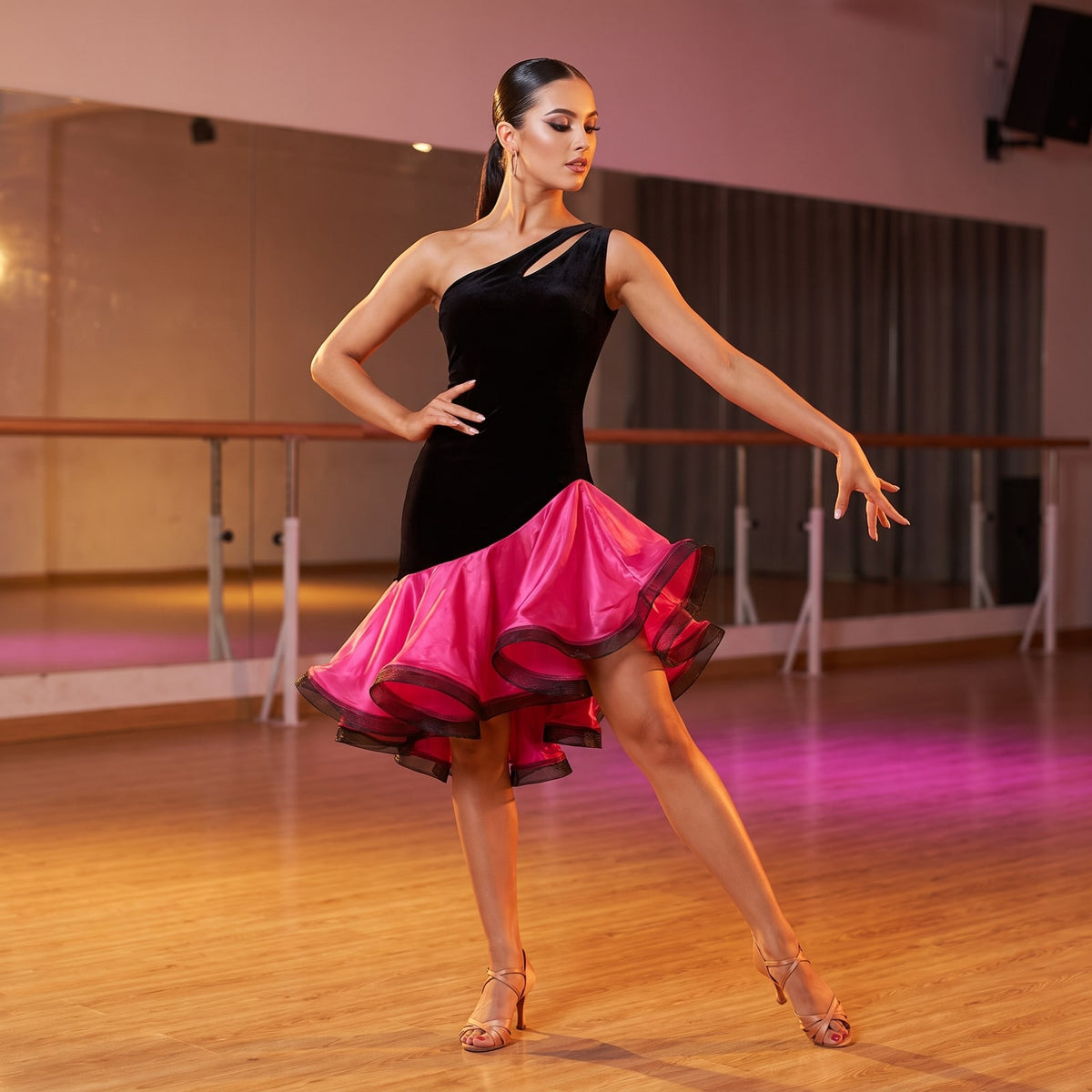 One Shoulder Latin Salsa Dance Dress Contrast Curled Ruffle Skirt