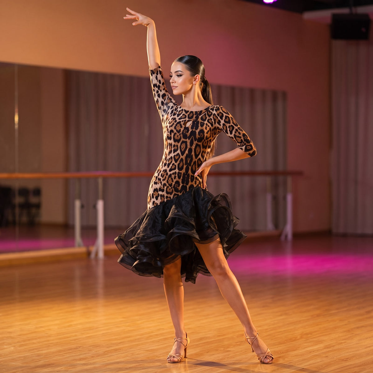 Leopard Latin Salsa Dance Dress Lace Up Back Organza Ruffle Hem