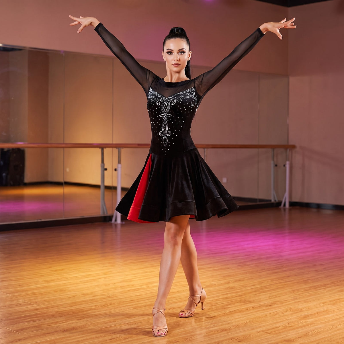 Mesh Yoke Latin Salsa Dance Dress Crystal Scroll Godet Panel