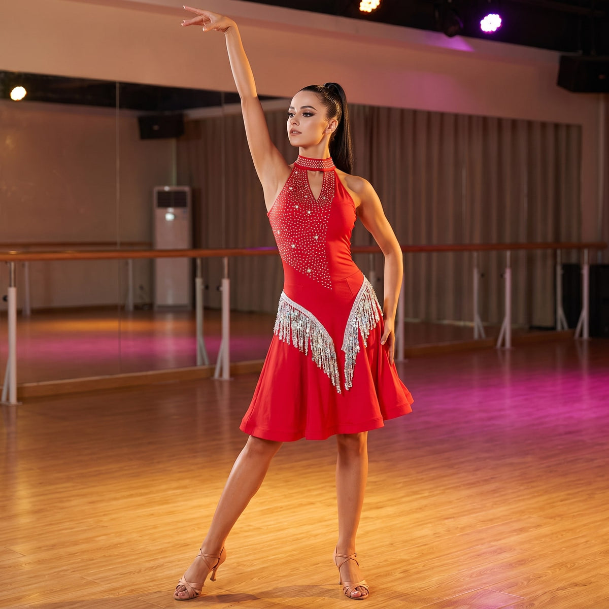Sequin Fringe Latin Salsa Dance Dress Halter Keyhole Open Back