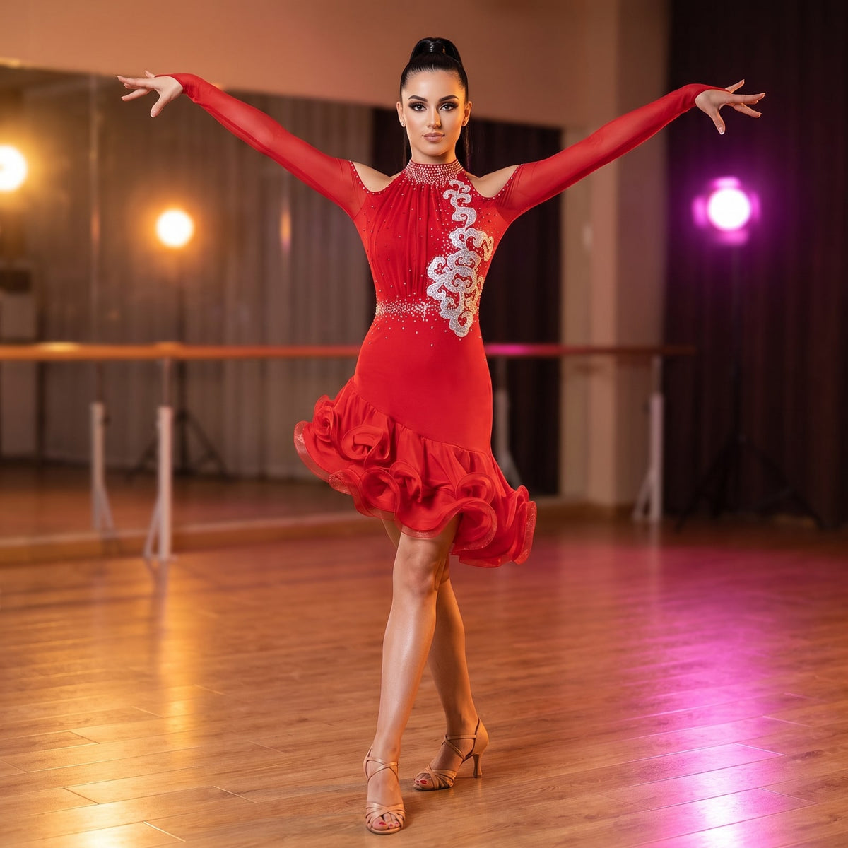 Silver Applique Latin Salsa Dance Dress Cold Shoulder Rose Ruffle Hem