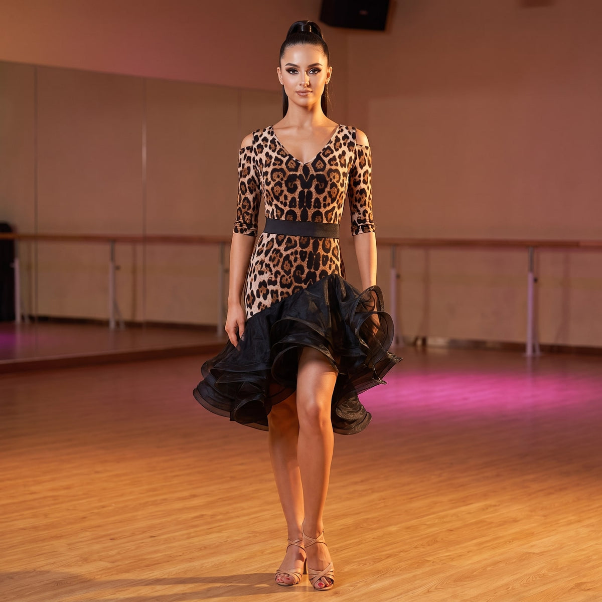 Leopard Latin Salsa Dance Dress Belted Waist Black Organza Hem