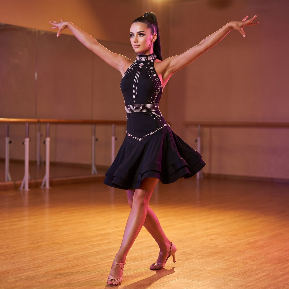 Pearl Stud Latin Salsa Dance Dress Halter Collar Double Ruffle Hem