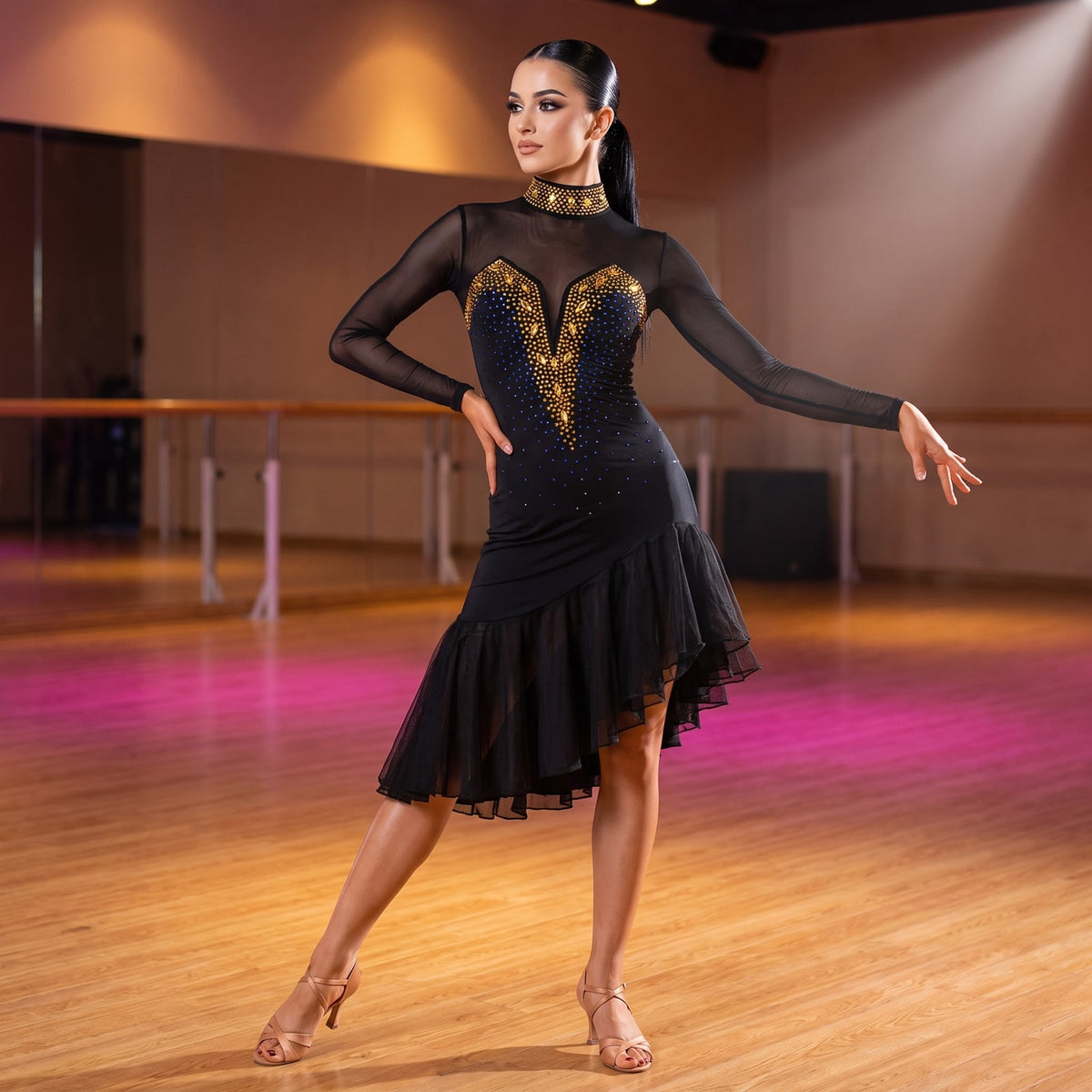Gold Stud Collar Latin Salsa Dance Dress Crystal V Asymmetric Ruffle