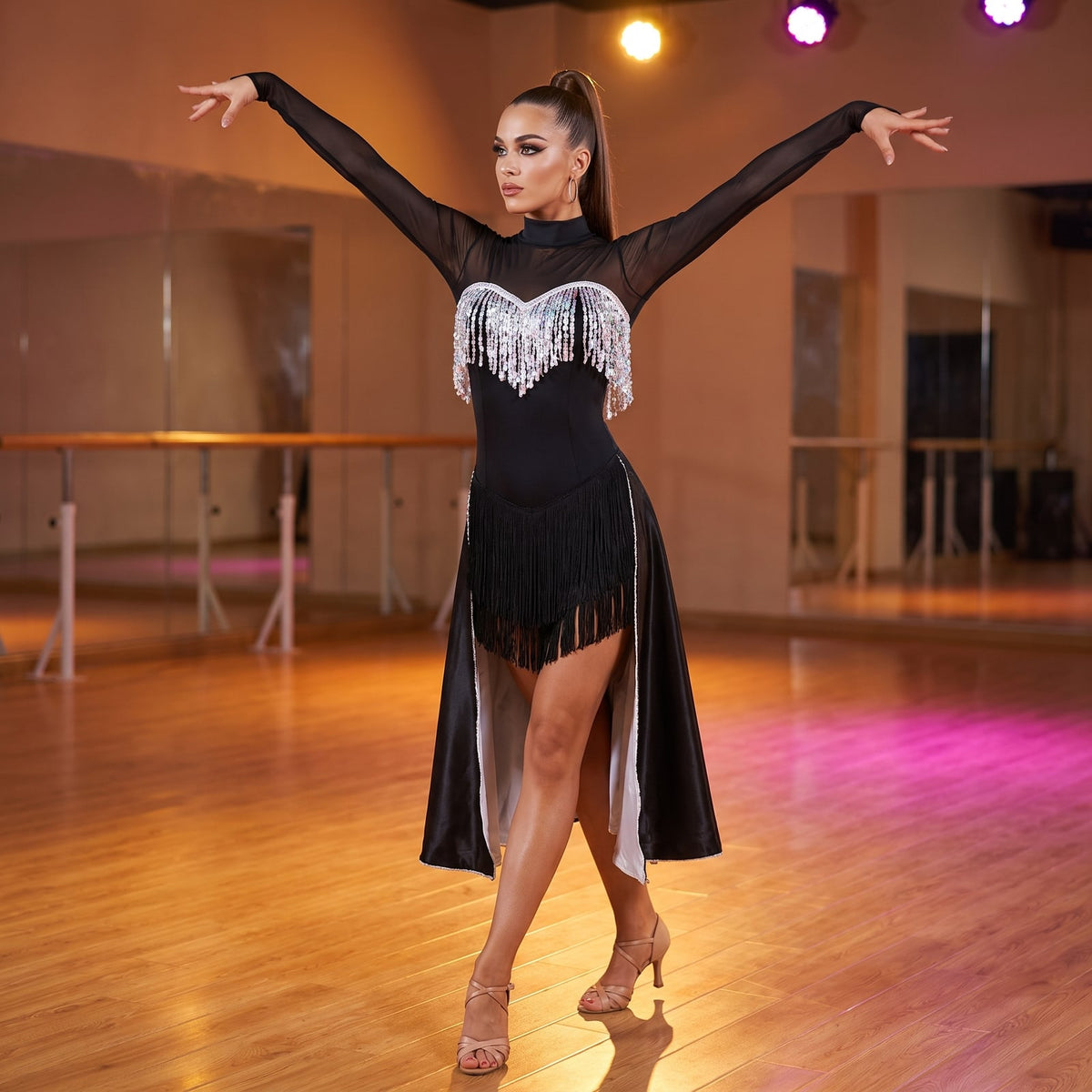 Sequin Fringe Yoke Latin Salsa Dance Dress High Neck Wrap Skirt