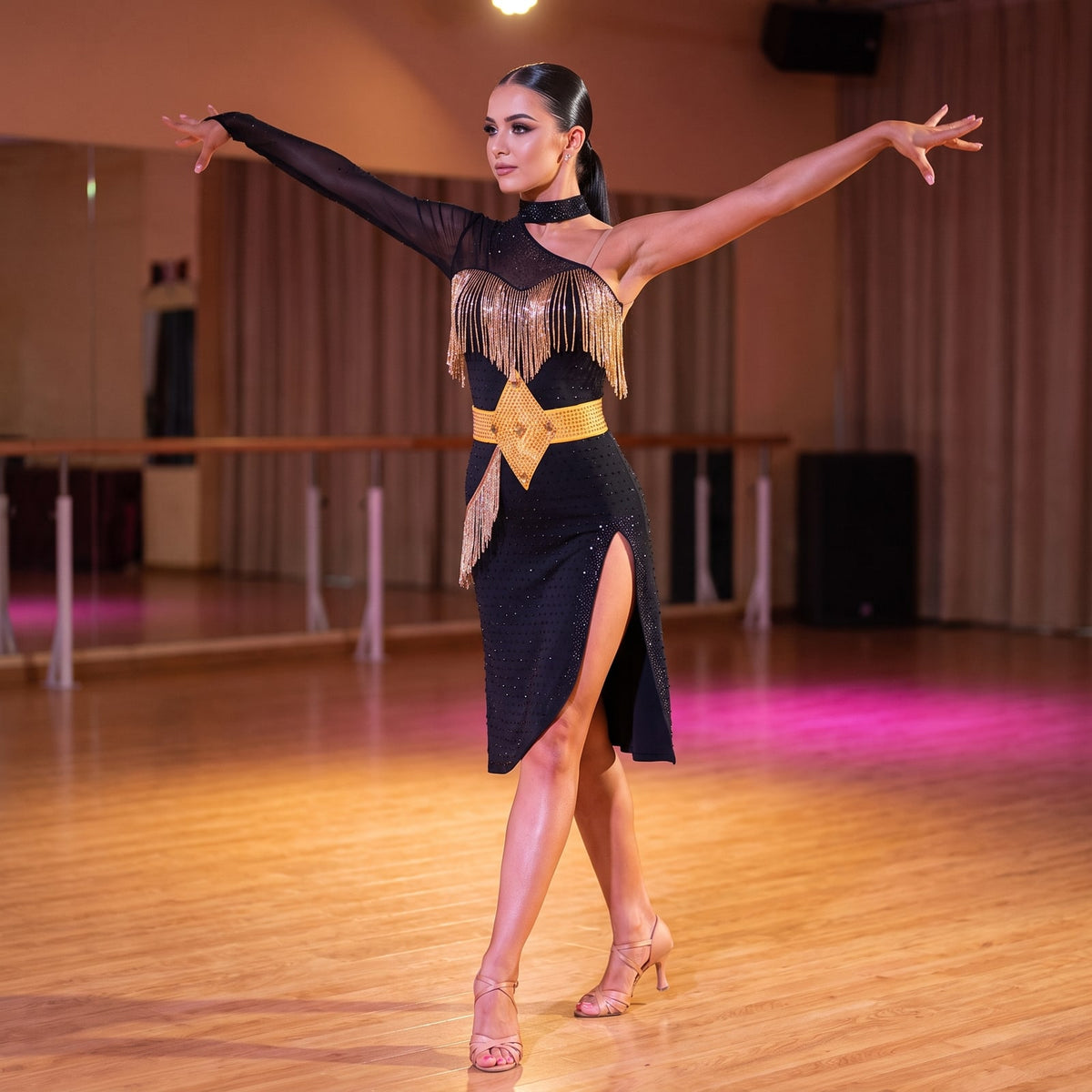 Gold Belt Latin Salsa Dance Dress Bugle Fringe Shoulder High Slit