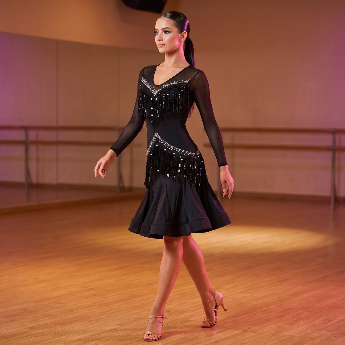 Sequin Fringe Latin Salsa Dance Dress Crossed Back Flared Skirt