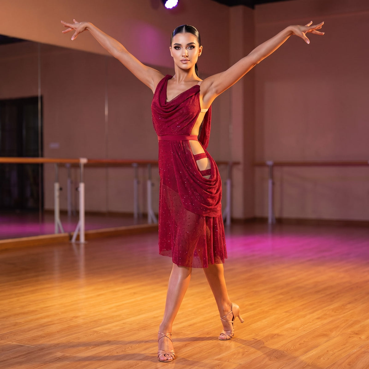 Stone Mesh Latin Salsa Dance Dress Cowl Drape Asymmetric Wrap Skirt