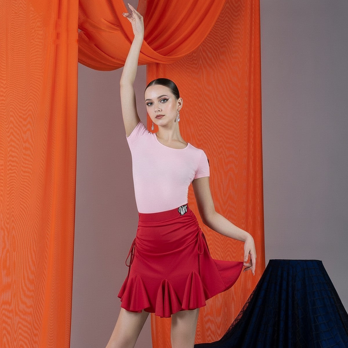 Wine Red drawstring mermaid ruffle Latin dance skirt for salsa practice, front view