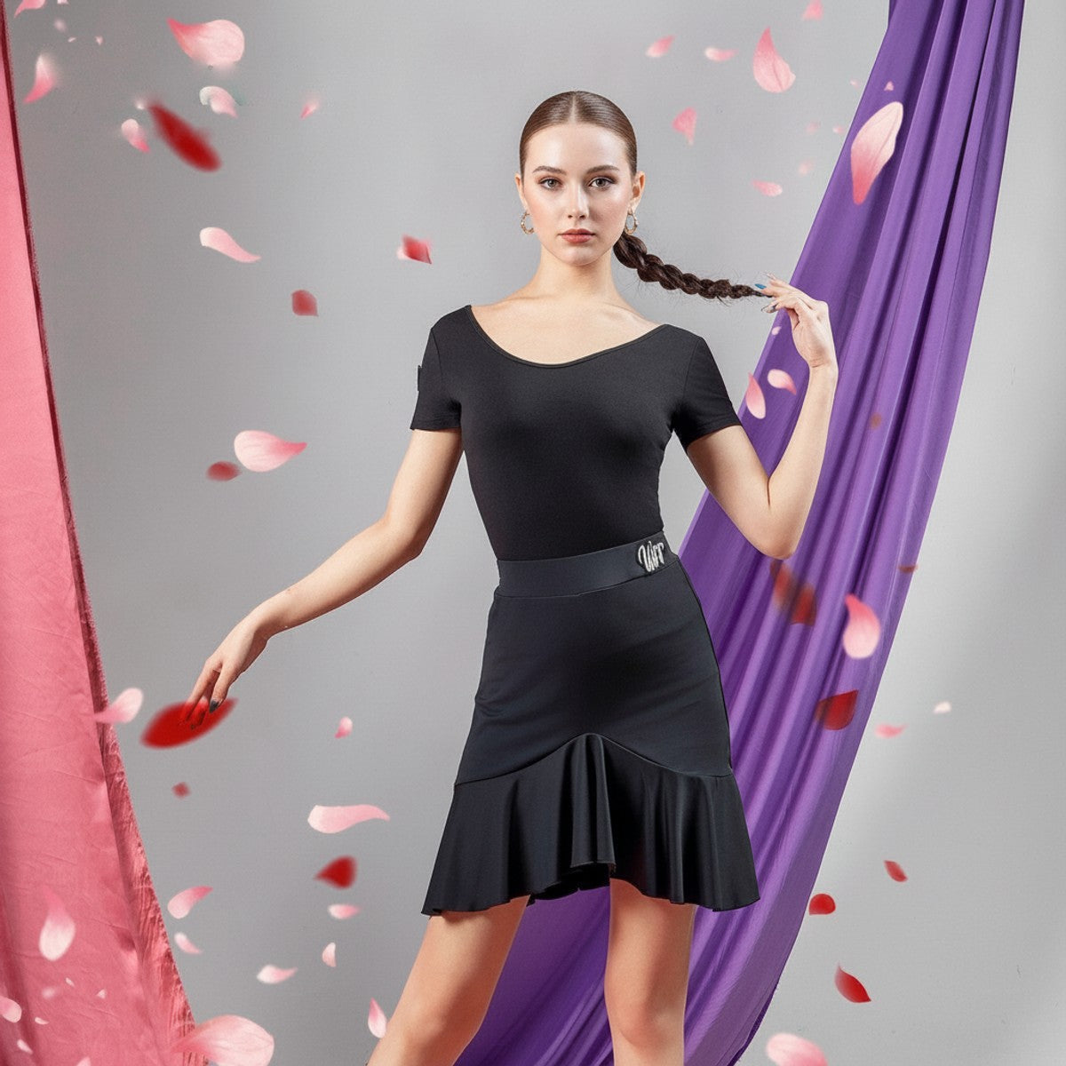 Black diagonal flounce Latin dance skirt for salsa practice, front view