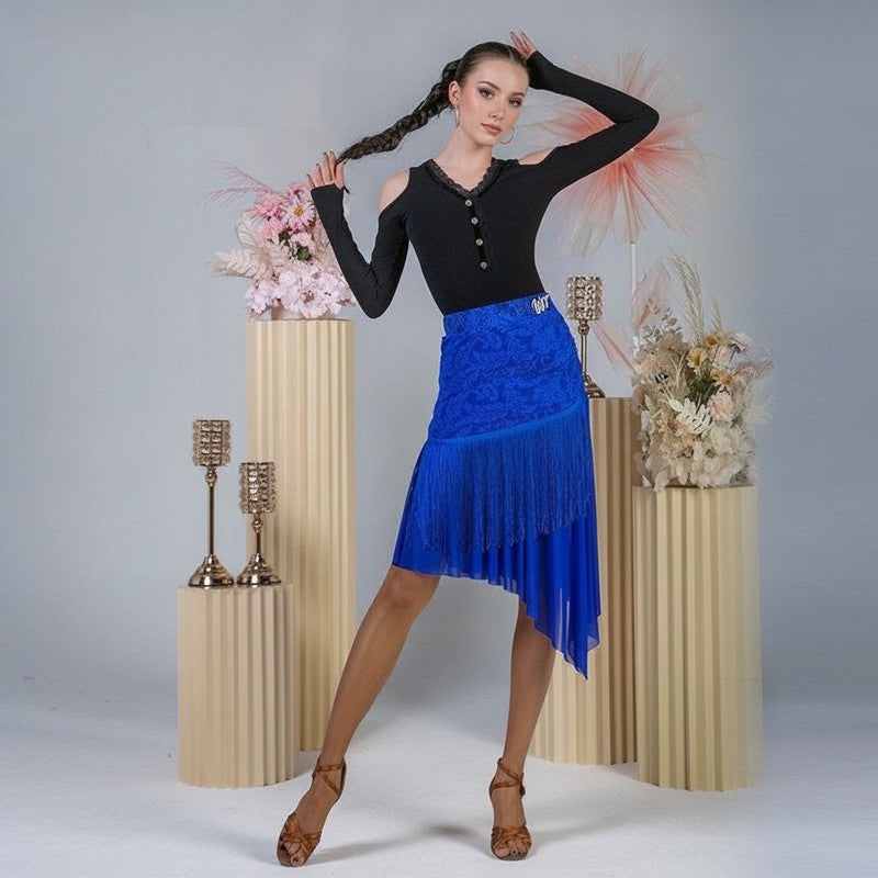 Royal Blue lace fringe Latin dance skirt for salsa practice, front view