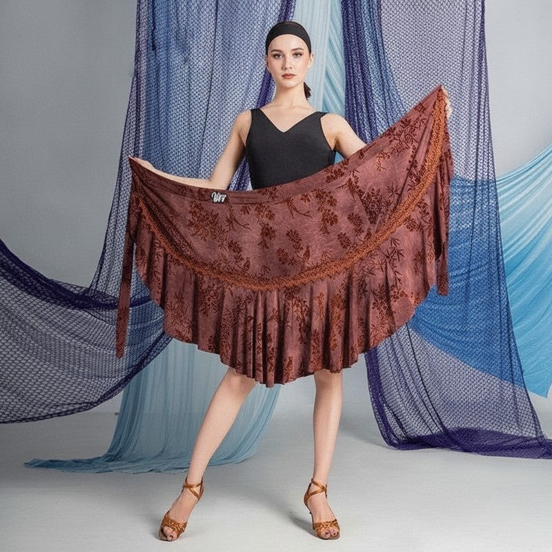 Brown burnout floral wrap Latin dance hip scarf for salsa practice, flat lay