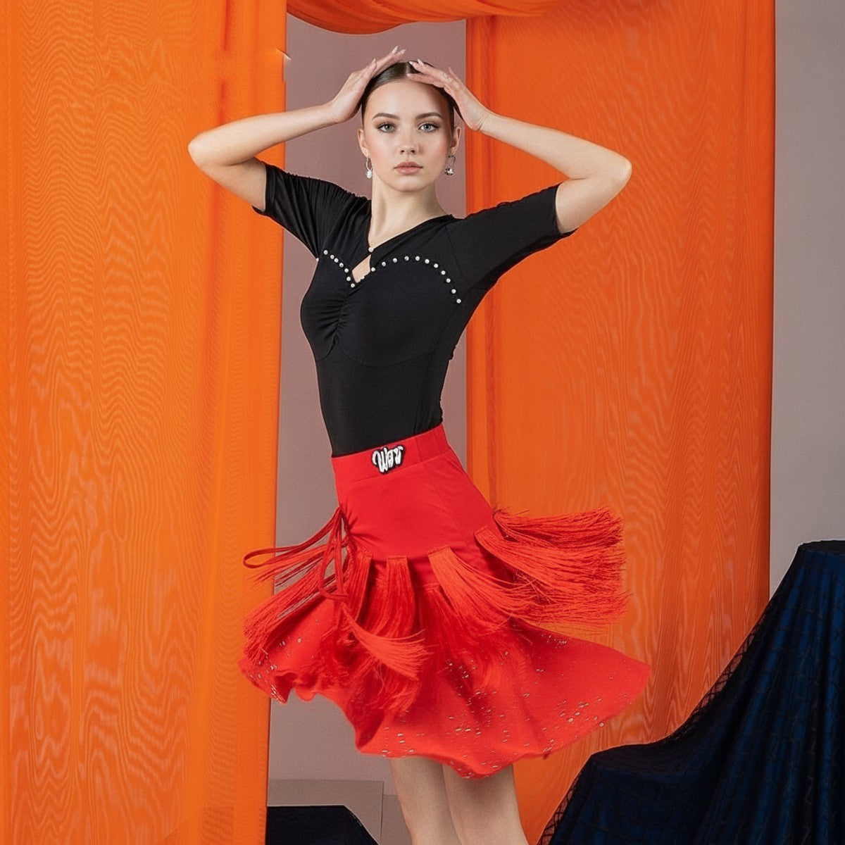 Red sequin stripe fringe Latin dance skirt for salsa practice, front view