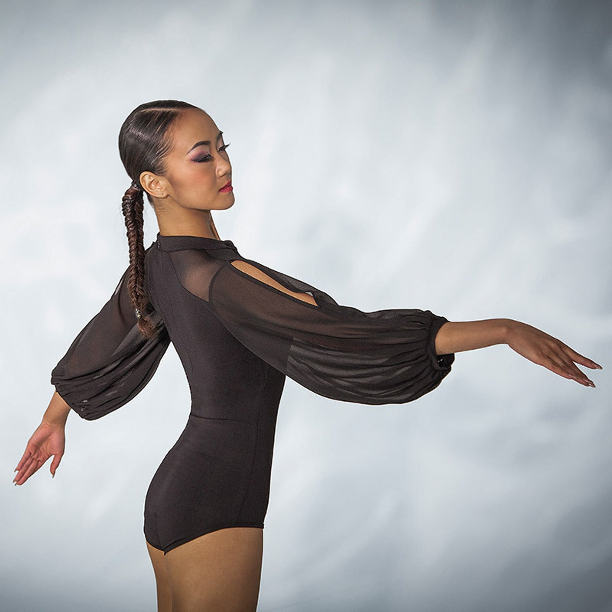Black mesh lantern sleeve dance bodysuit, side view