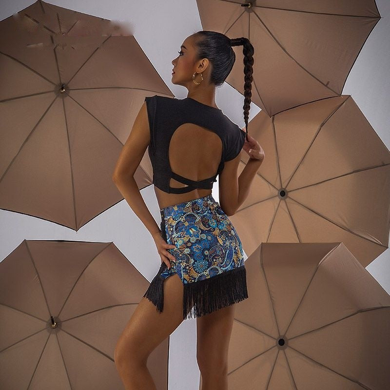Blue Paisley curved fringe mini Latin dance skirt, back view