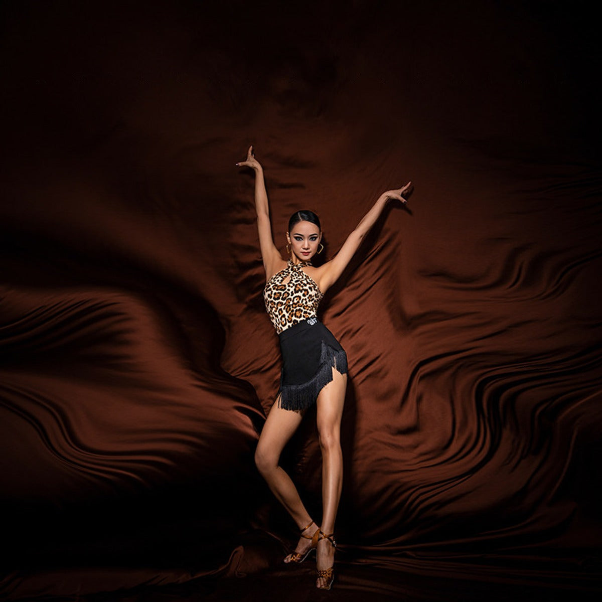 Leopard halter cross back dance bodysuit, front view, alternate pose