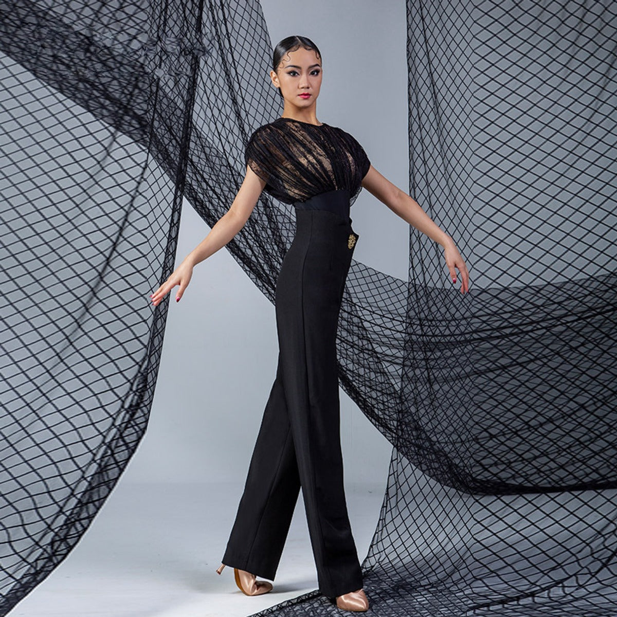 Black lace drop shoulder dance bodysuit, side view