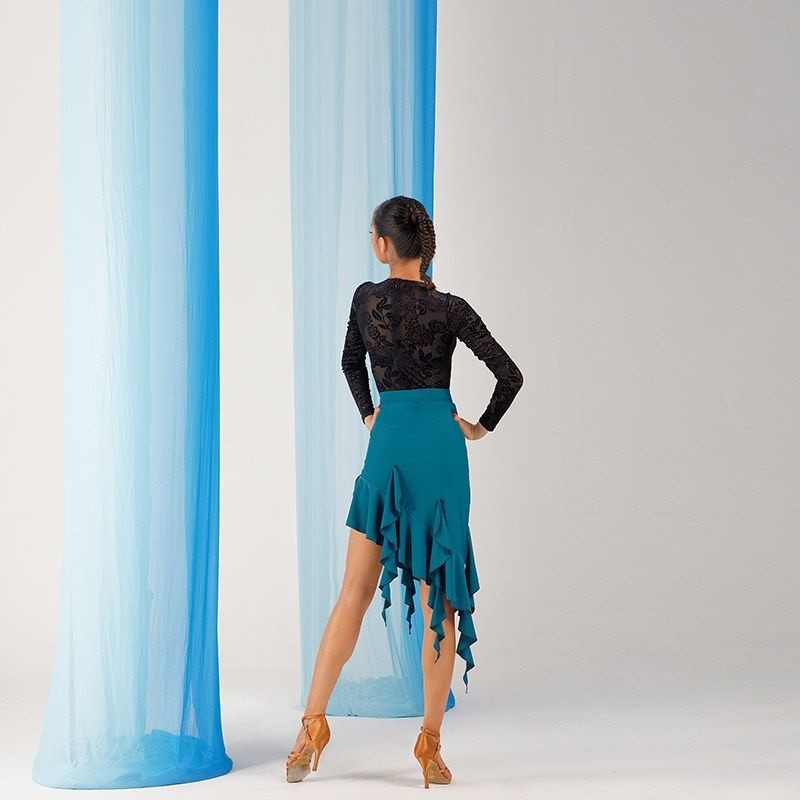 Turquoise streamer ruffle Latin dance skirt, back view