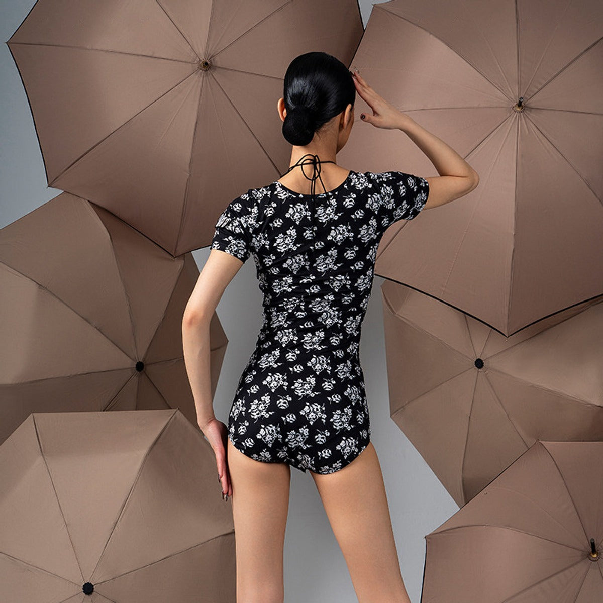 Black Floral puff sleeve dance bodysuit, back view
