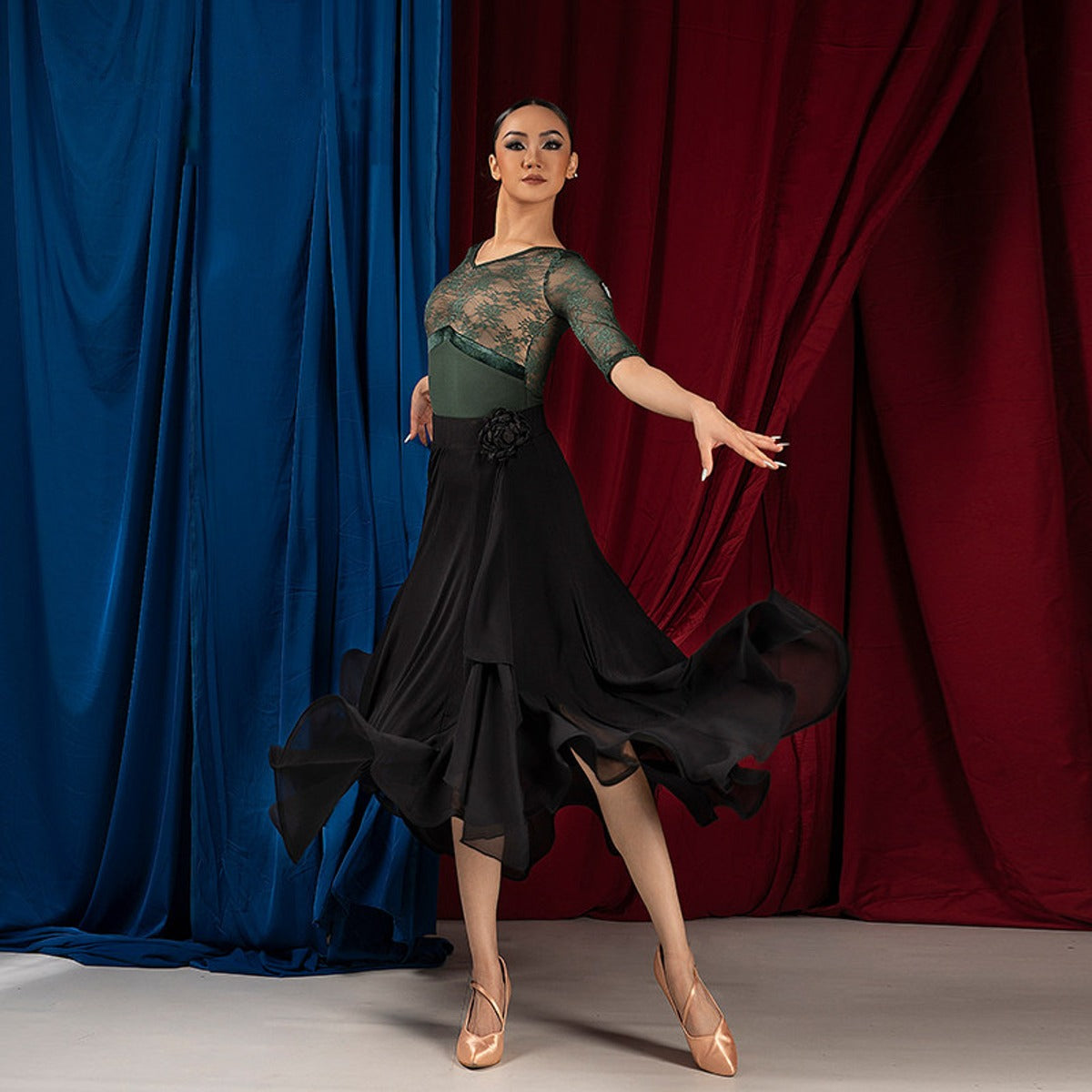 Dark Green lace V neck half sleeve dance bodysuit, front view