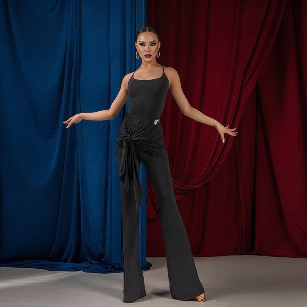 Black rhinestone strappy back cami Latin leotard for Latin practice, front view