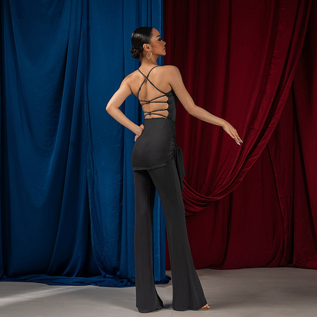 Black rhinestone strappy back cami dance bodysuit, back view