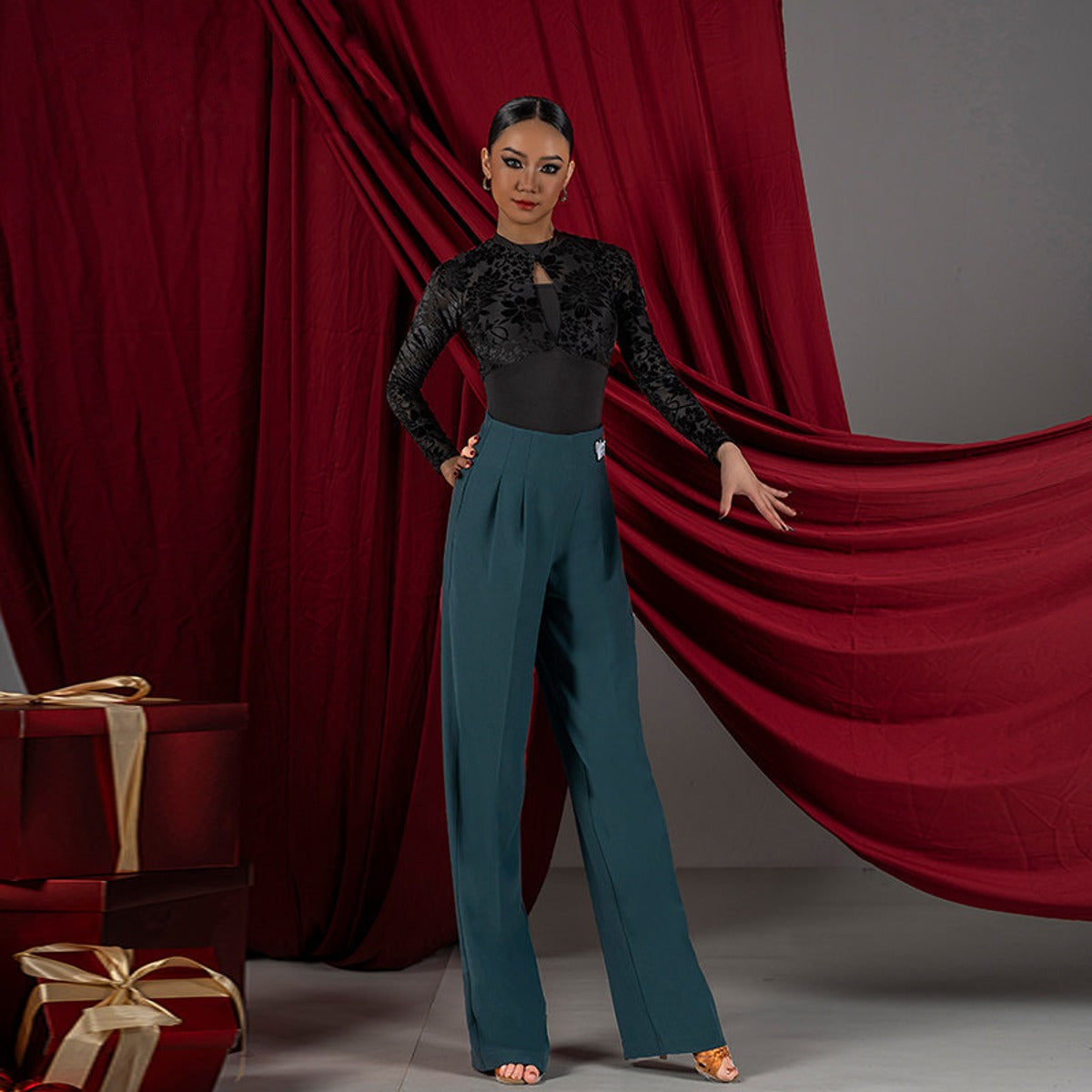 Black burnout velvet layered mock neck dance bodysuit, front view