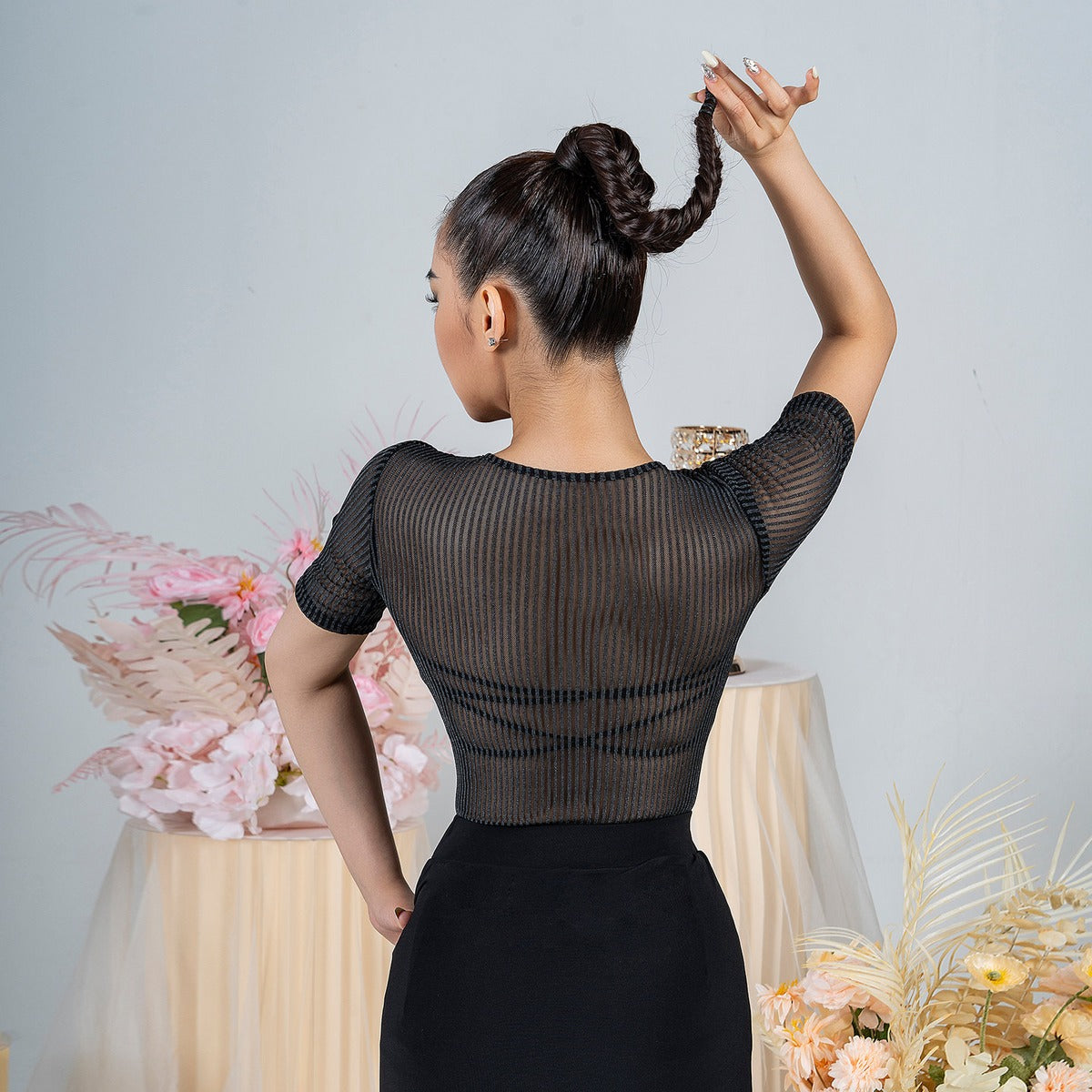 Black sheer striped mesh dance bodysuit, back view