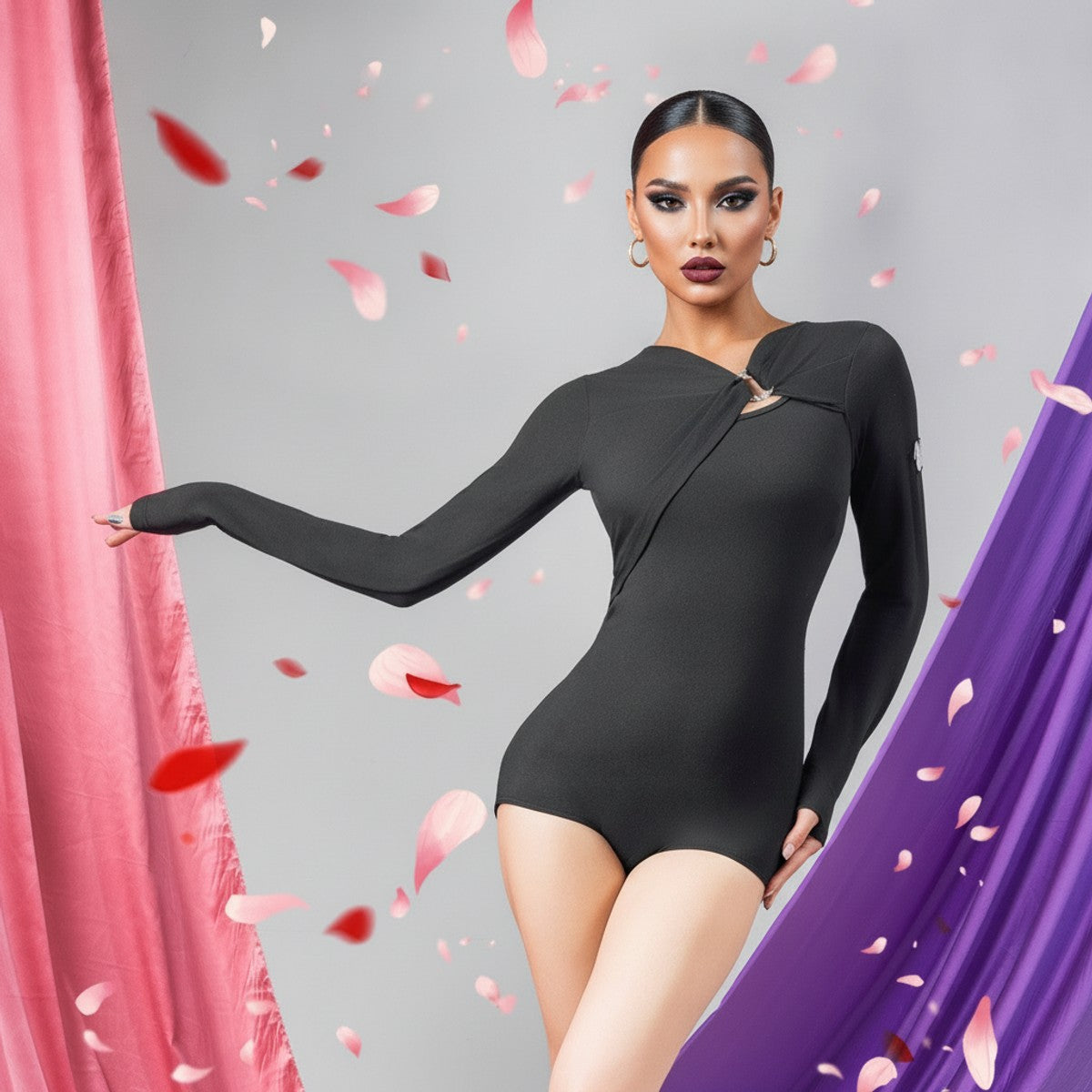 Black rhinestone ring draped neck Latin dance leotard for Latin practice, front view