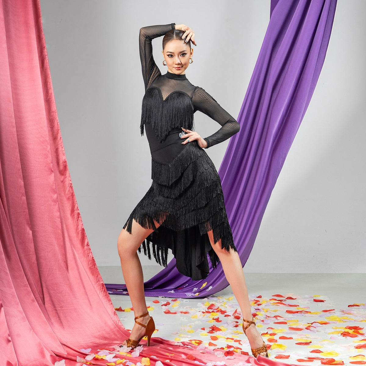 Black fringe bust mesh long sleeve dance bodysuit, front view, alternate pose