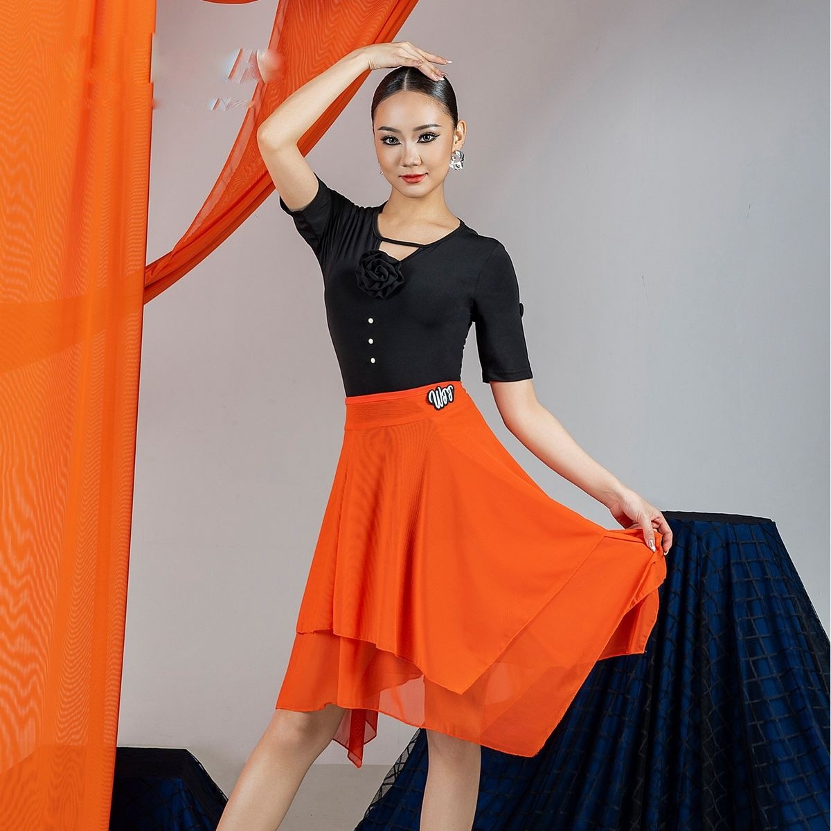 Orange double mesh wrap Latin dance hip scarf, front view