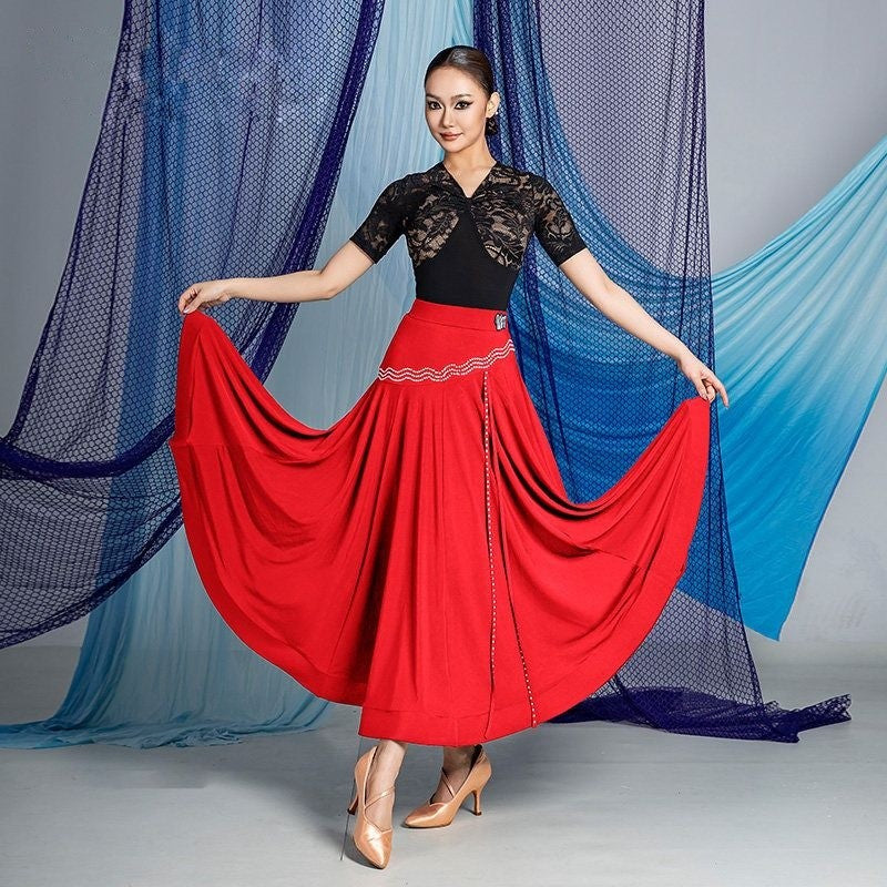 Red rhinestone wave ballroom dance skirt for ballroom practice, front view