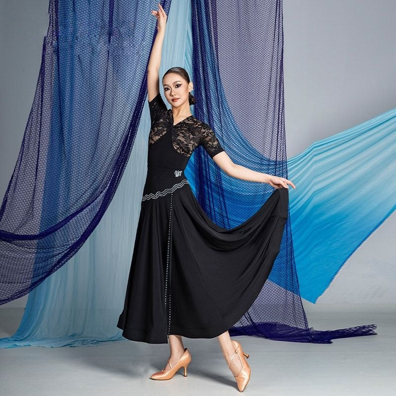 Black rhinestone wave ballroom dance skirt, front view