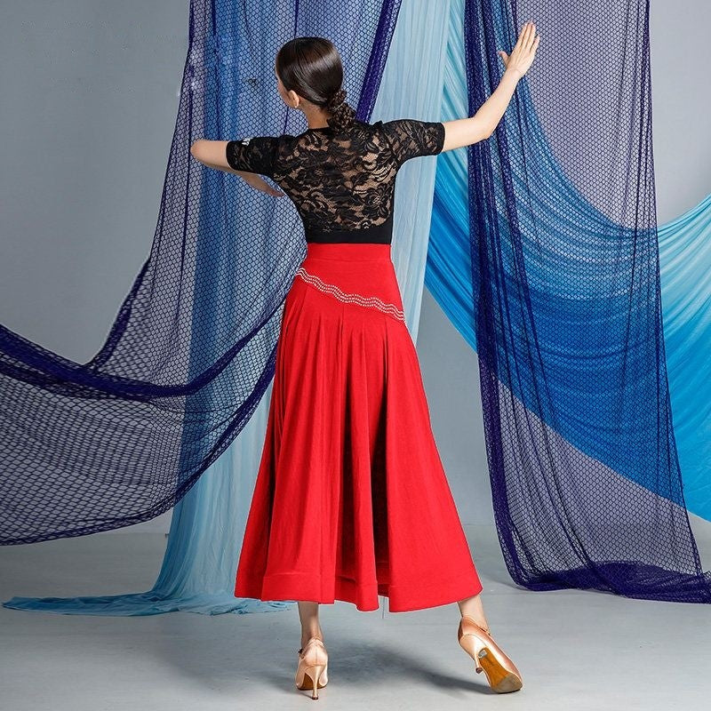 Red rhinestone wave ballroom dance skirt, back view