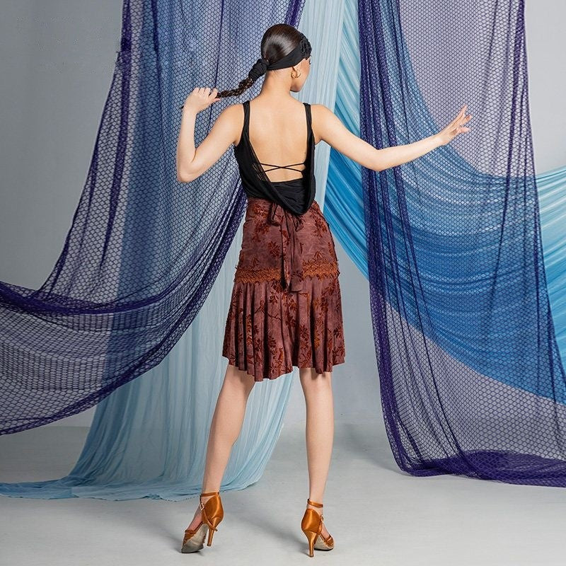 Brown burnout floral wrap Latin dance hip scarf, back view