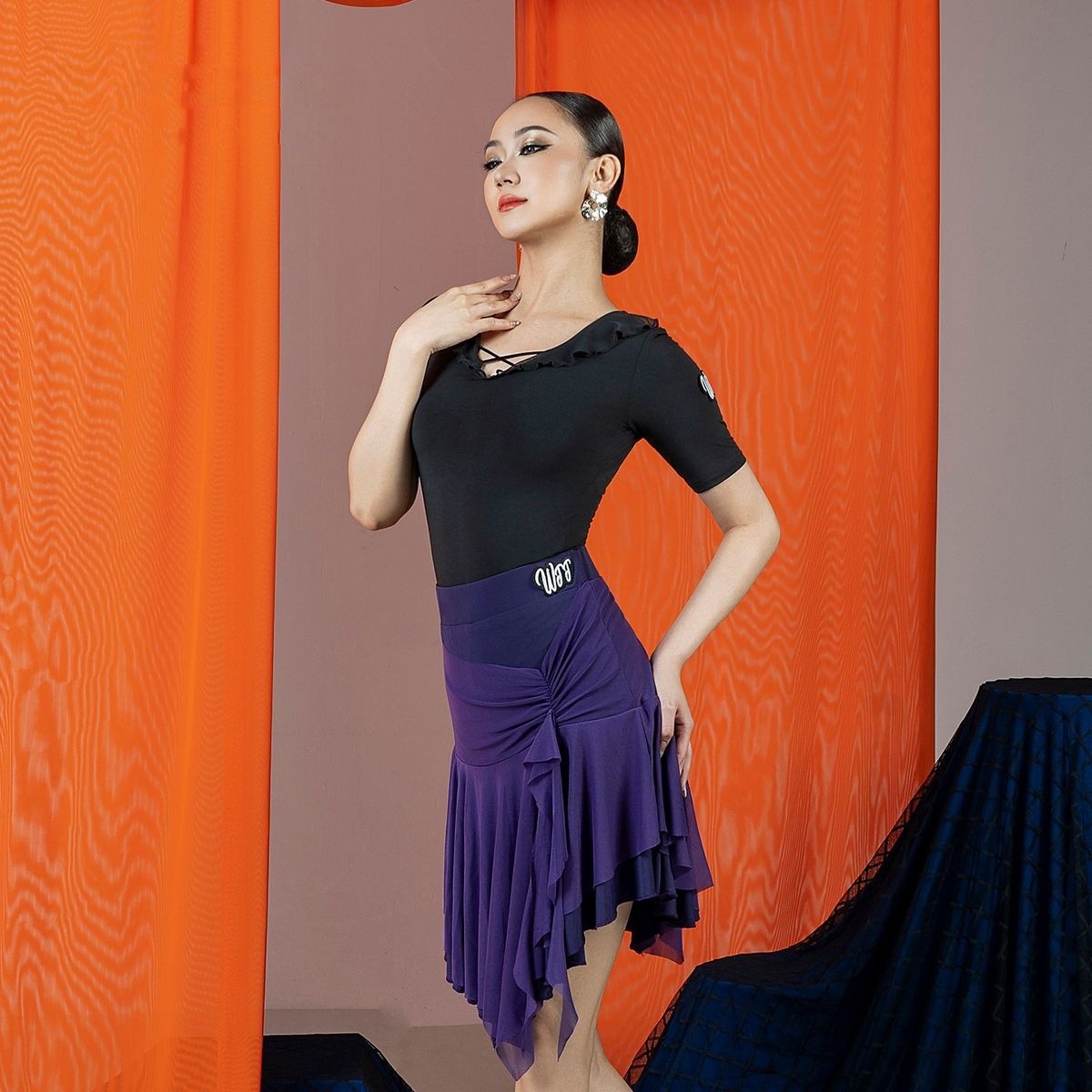 Purple mesh streamer ruffle Latin dance skirt, side view