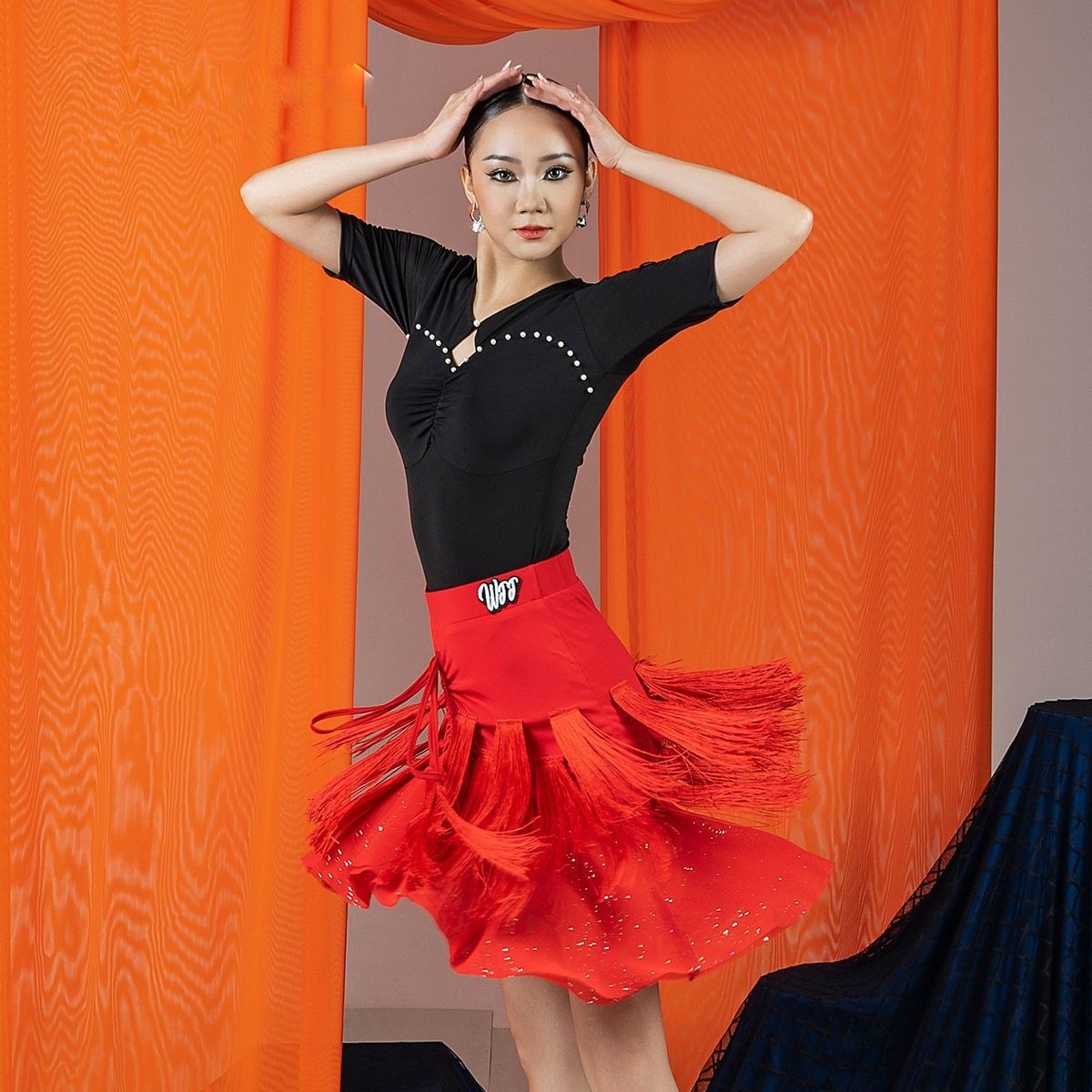 Red sequin stripe fringe Latin dance skirt for salsa practice, front view