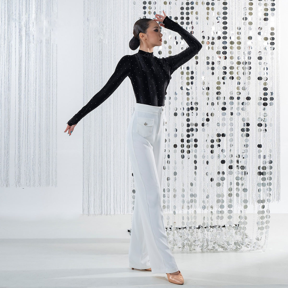 Black rhinestone velvet mock neck dance bodysuit for Latin practice, side view