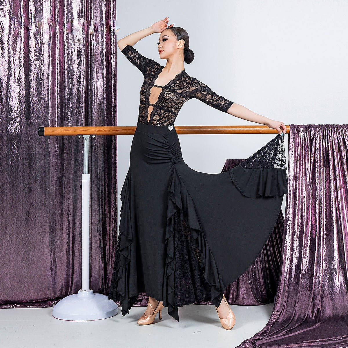 Black lace plunge V neck half sleeve dance bodysuit, front view