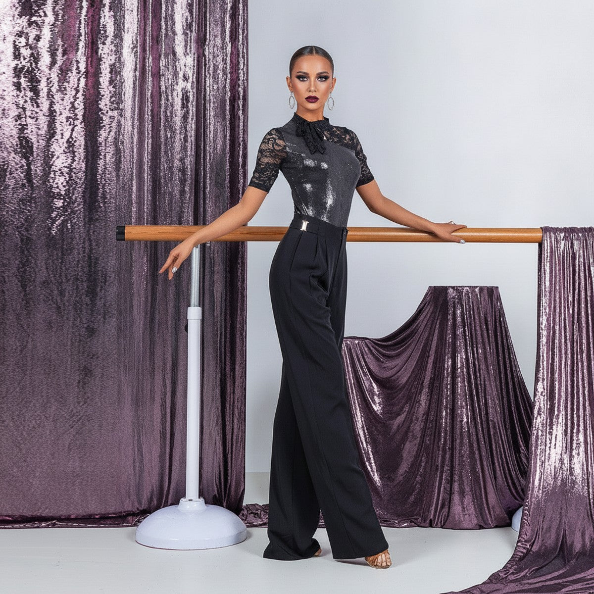 Black shimmer lace shoulder Latin dance leotard for Latin practice, front view